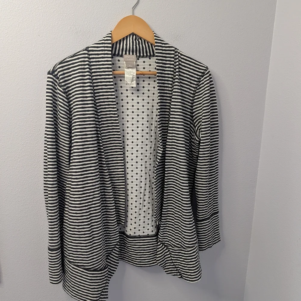 Chico’s Zenergy Open Front Cardigan | Black White Stripe Polka Dot | Size 1‎ (M)